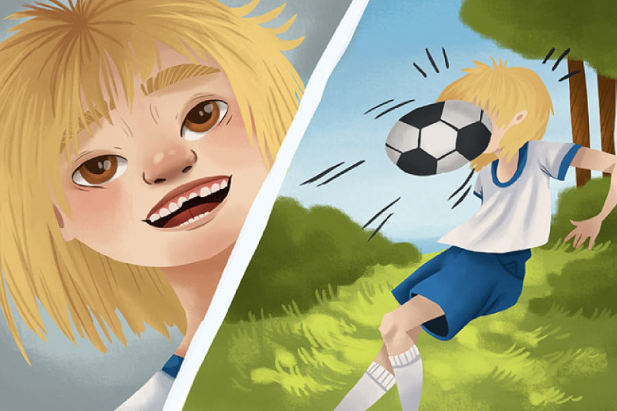 Cartoon showing a child getting a soccer ball to the face in one frame and a chipped tooth in the next.